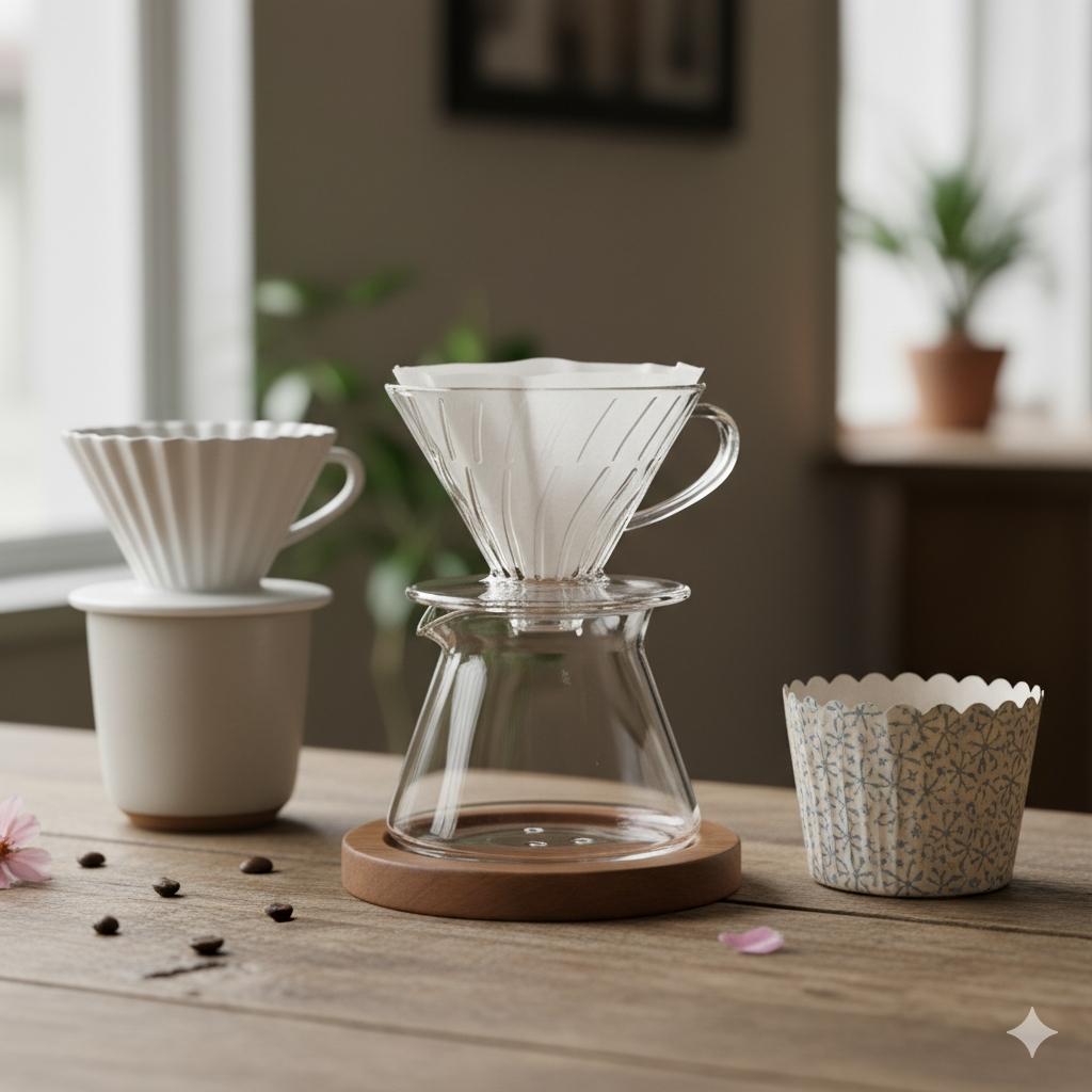 V60、扇形與蛋糕杯濾杯並列比較圖