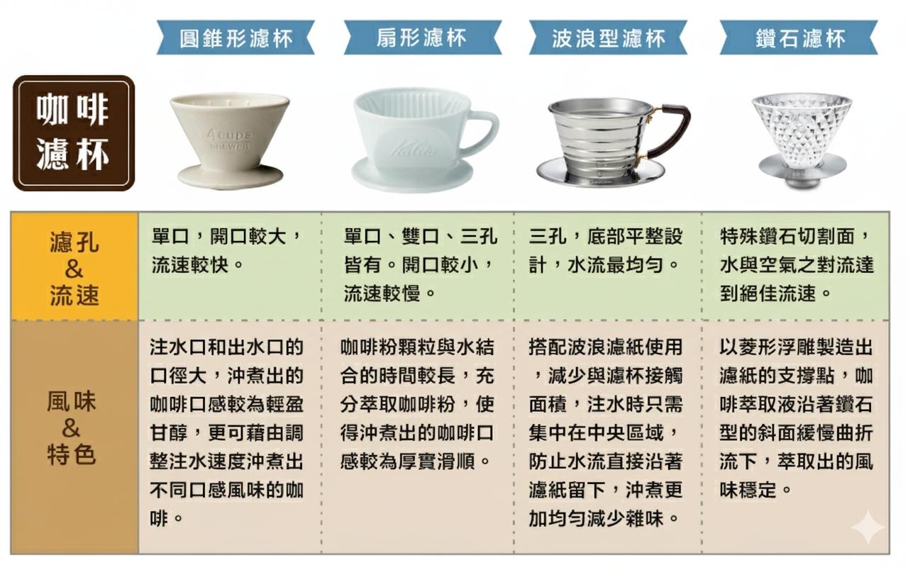V60、扇形、蛋糕杯濾杯特性雷達圖