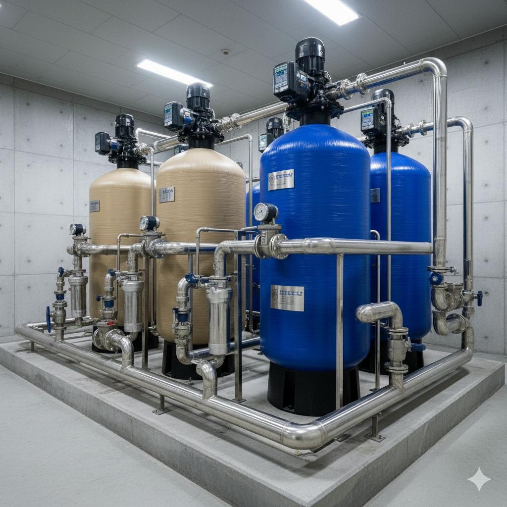 一套佳津淨水規劃的大型地下水處理工程設備,包含大型FRP過濾桶、自動控制閥與整齊的不鏽鋼管路系統