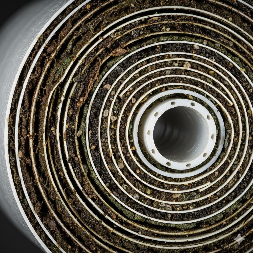 RO膜元件橫截面顯示污染和堵塞