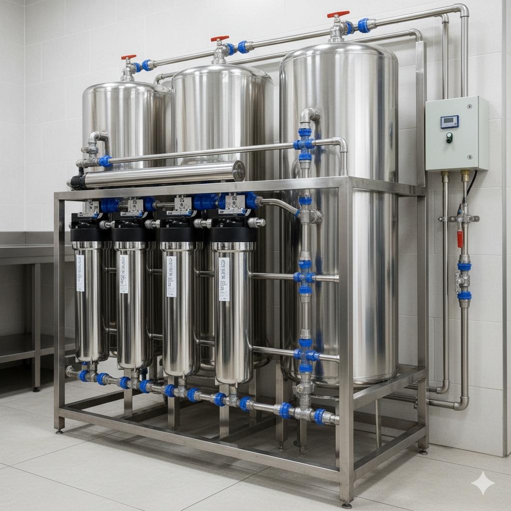 佳津淨水為餐廳規劃的商用RO淨水系統,包含不鏽鋼儲水桶與多道過濾設備,管線整齊專業,符合衛生標準