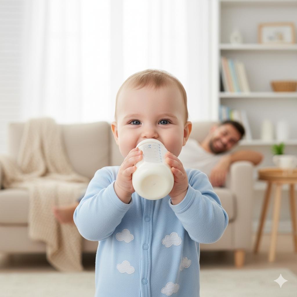 寶寶喝奶的特寫,背景是家庭溫馨場景