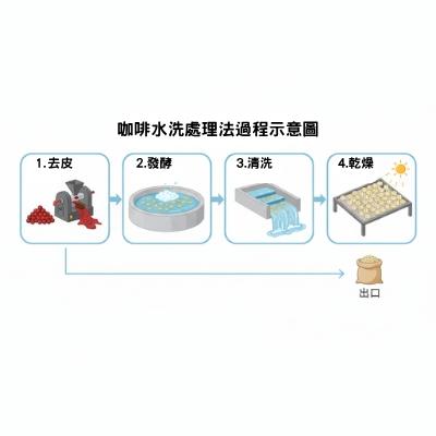 咖啡水洗處理法過程示意圖，展示咖啡果實去皮、發酵、清洗與乾燥的步驟