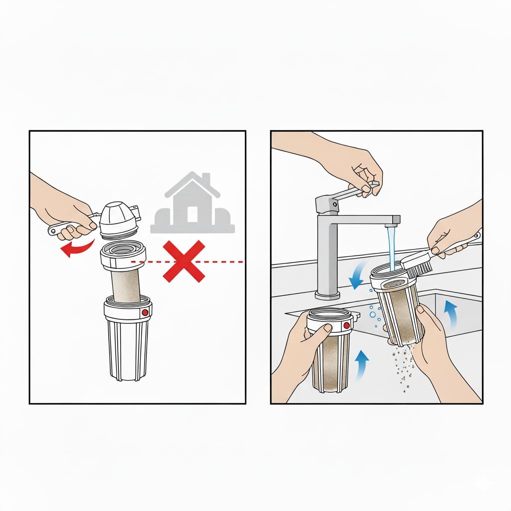 DIY更換淨水器濾心:拆卸與清潔 拆卸舊濾心與清潔濾殼示意圖