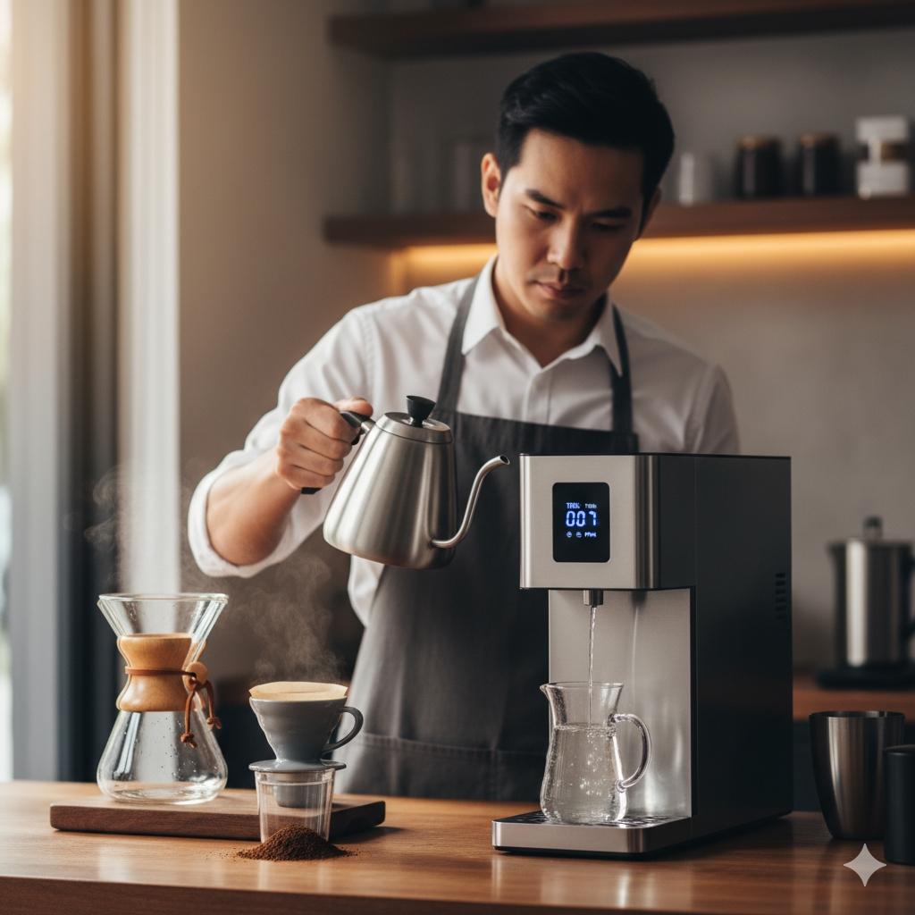 一位咖啡師正在使用手沖壺,從RO淨水器取水沖泡咖啡。淨水器與咖啡設備並列,強調純淨水質在沖泡中的重要性。