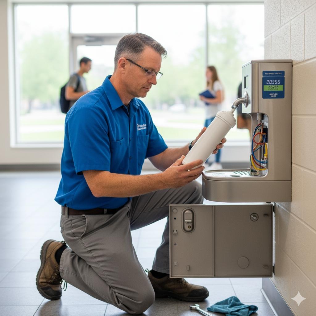 專業人員正在檢查校園飲水機的濾心