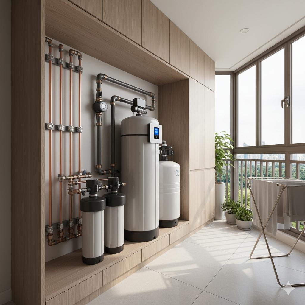 佳津淨水的全戶軟水設備整齊地安裝在建案的預留工作陽台中,管線佈局專業美觀,完美融入室內設計