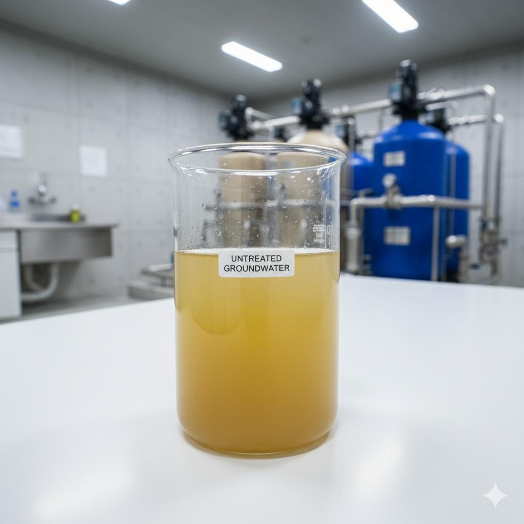 一杯裝著處理前混濁黃色地下水的燒杯