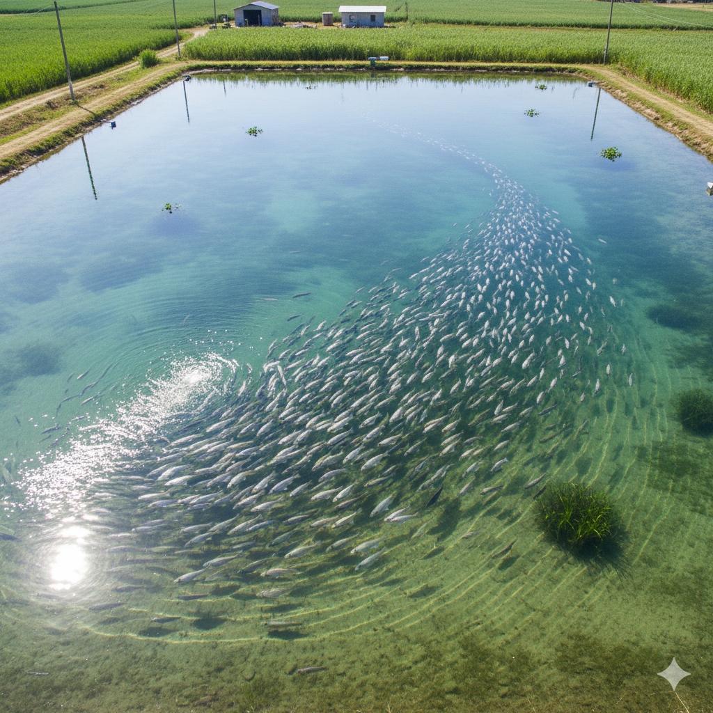 水產養殖池塘中的魚群,水面清澈,象徵良好水質