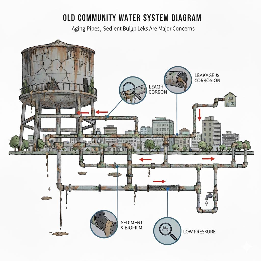 老舊水塔與水管線示意圖,強調大型社區供水系統可能面臨的問題