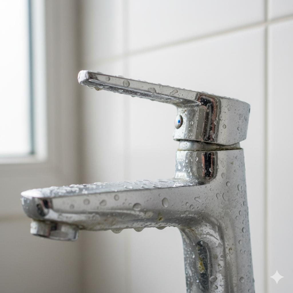 浴室水龍頭上的水垢特寫