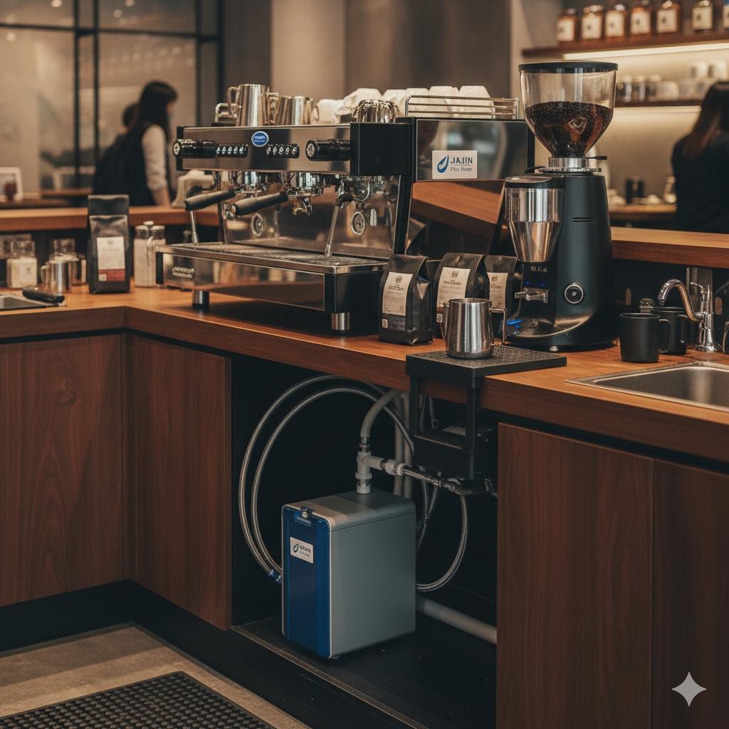 佳津淨水器安裝在咖啡廳的後廚或吧檯下方,與專業咖啡機、磨豆機等設備協同工作,展現其在商業環境中的應用。