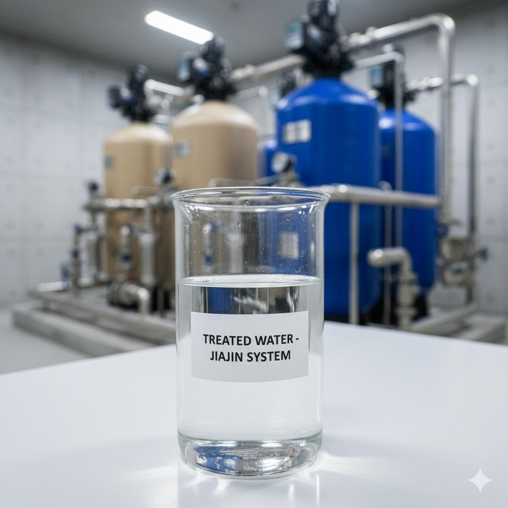 一杯裝著經過佳津系統處理後清澈透明水的燒杯