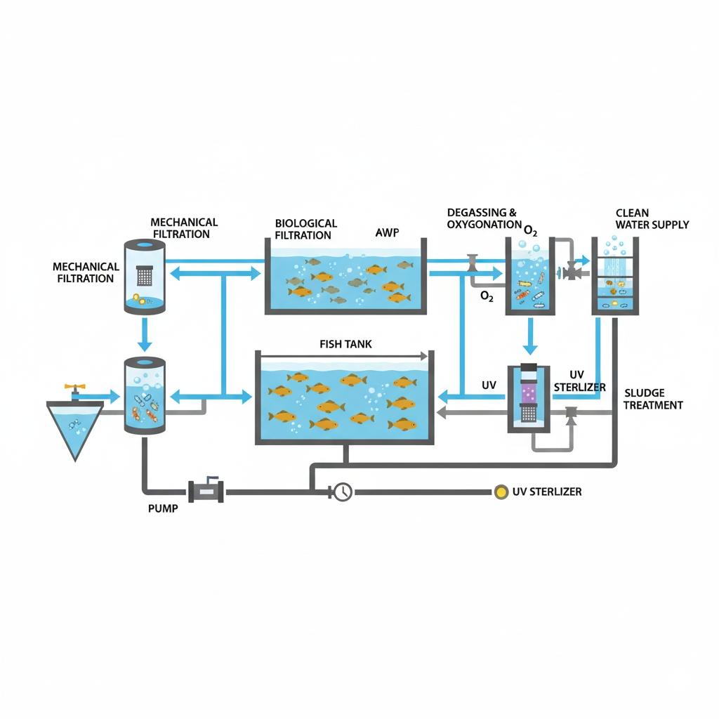 現代化循環水產養殖系統的示意圖,顯示過濾、增氧、生物處理等單元