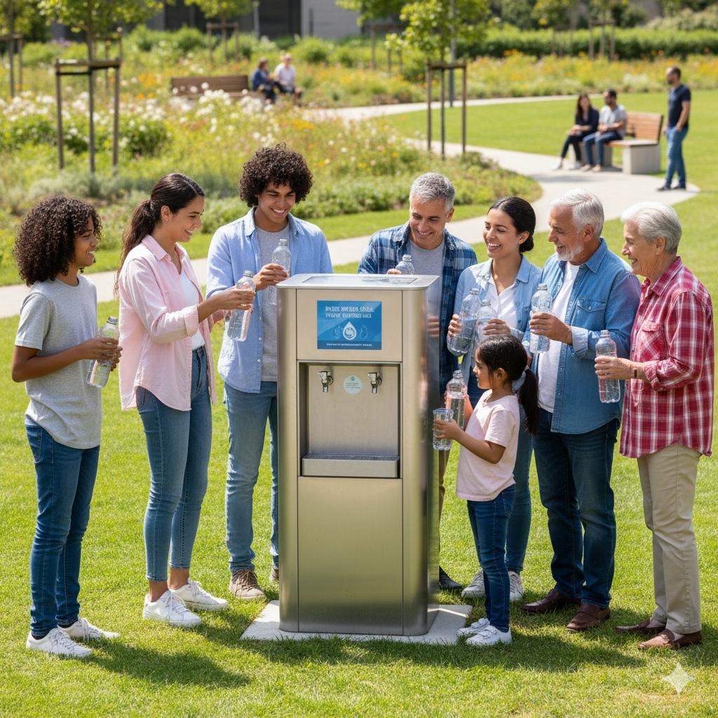社區居民滿意享受純淨用水的場景