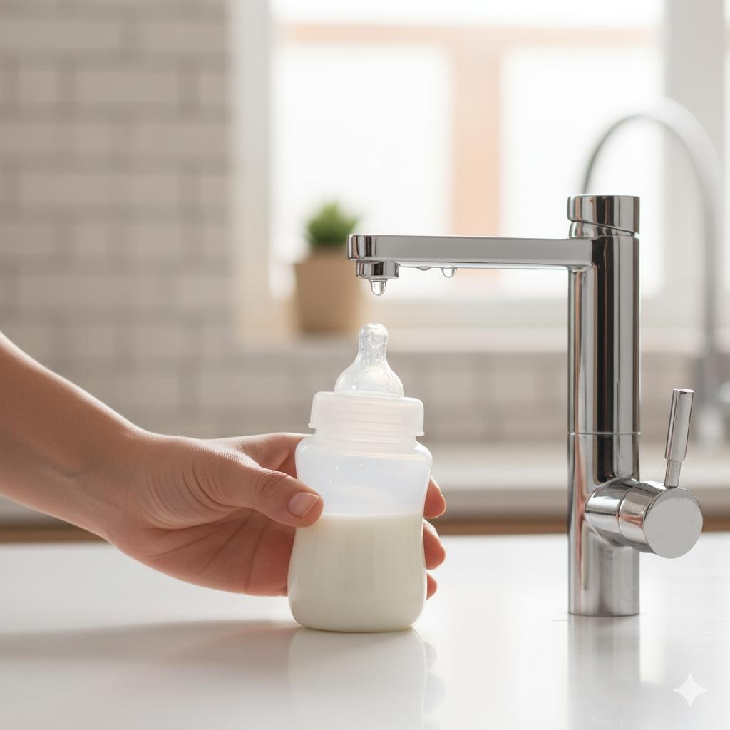 手握嬰兒奶瓶,旁邊有RO淨水器的水龍頭