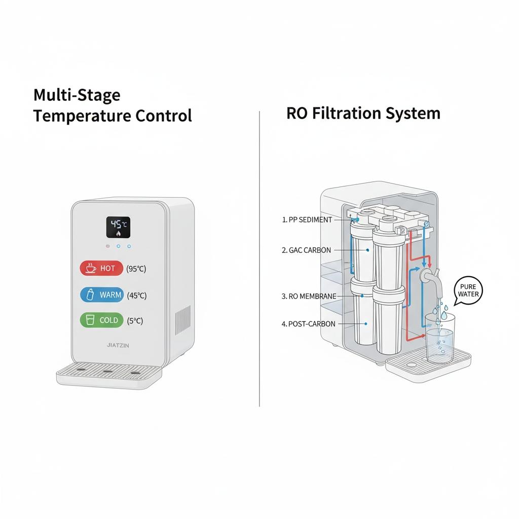 佳津桌上型飲水機功能:RO過濾與多段溫控 佳津桌上型飲水機多段溫控與RO過濾示意圖