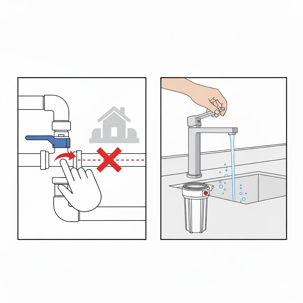 淨水器濾心更換第一步:關閉進水與洩壓 關閉水源與洩壓示意圖