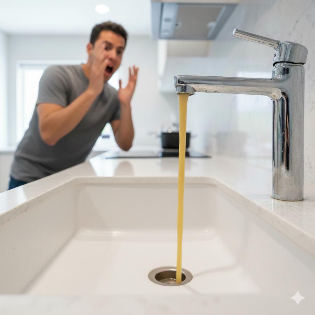 從水管流出的地下水呈現混濁的黃褐色,象徵著未經處理的地下水質問題