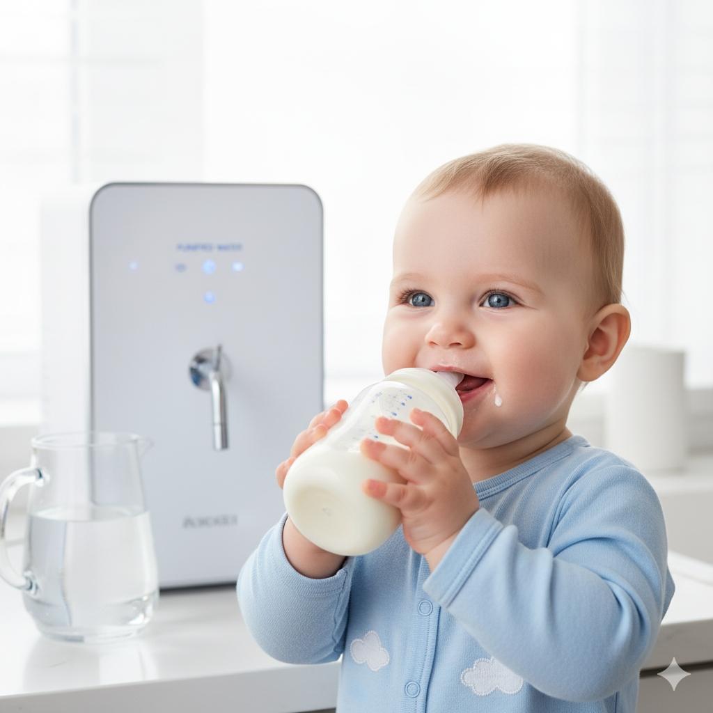 寶寶開心喝奶,背景是純淨的RO淨水器