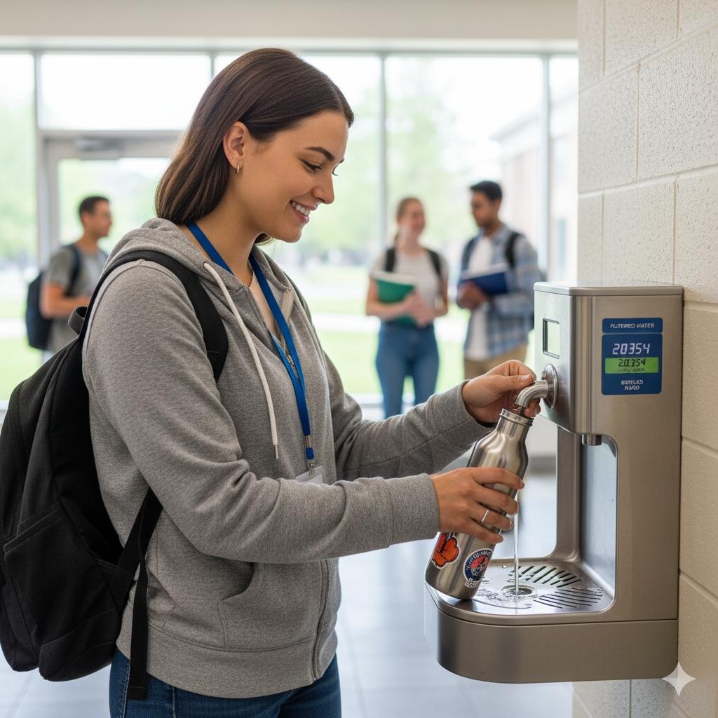 學生在校園飲水機前接水