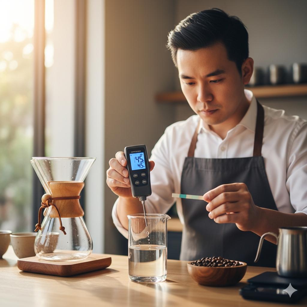 咖啡師正在使用TDS筆或水質硬度測試儀器,精準測量沖泡用水的數據。背景可能為一台手沖咖啡壺和咖啡豆。
