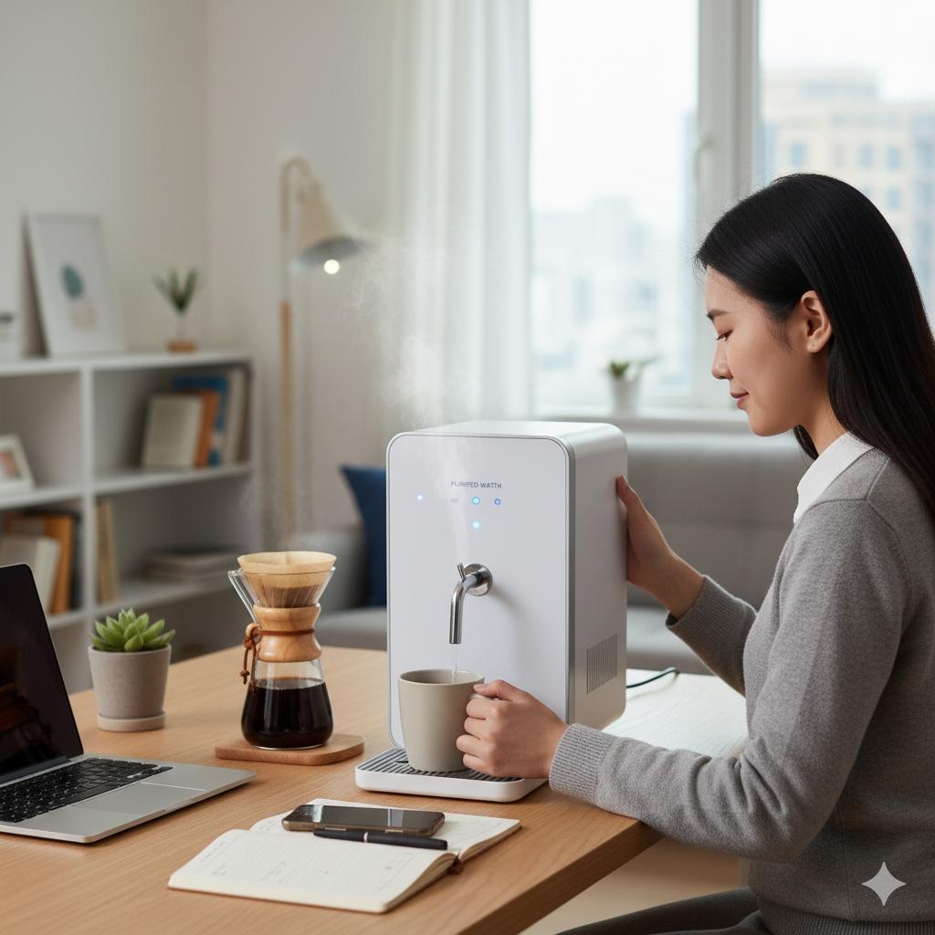 租屋族也能品嚐SCA咖啡師認證級純水咖啡 學生或上班族使用佳津桌上型飲水機沖泡咖啡情境圖