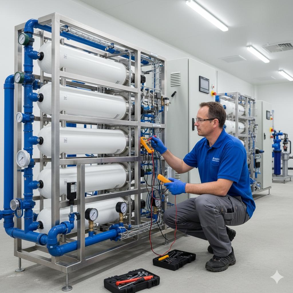技術人員正在檢查工業級RO逆滲透系統