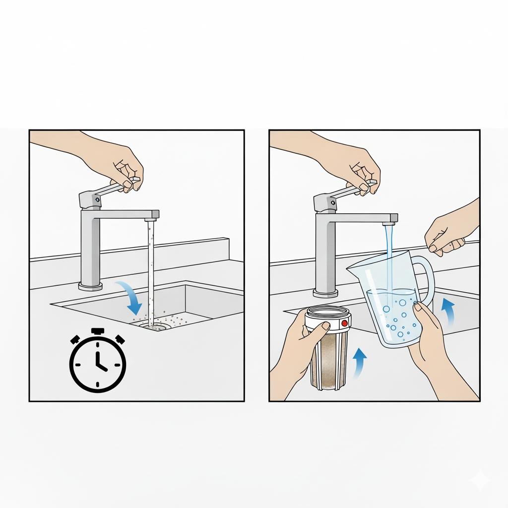 濾心更換後的重要步驟:排放初期過濾水 排放前導水示意圖