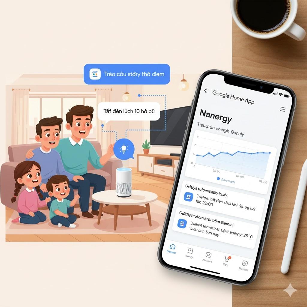 Hình ảnh 2: Một gia đình tương tác với Gemini qua loa thông minh, với các bong bóng hội thoại hiển thị các lệnh như "Tạo câu chuyện cho trẻ em" hoặc "Tắt đèn lúc 10 giờ tối".
