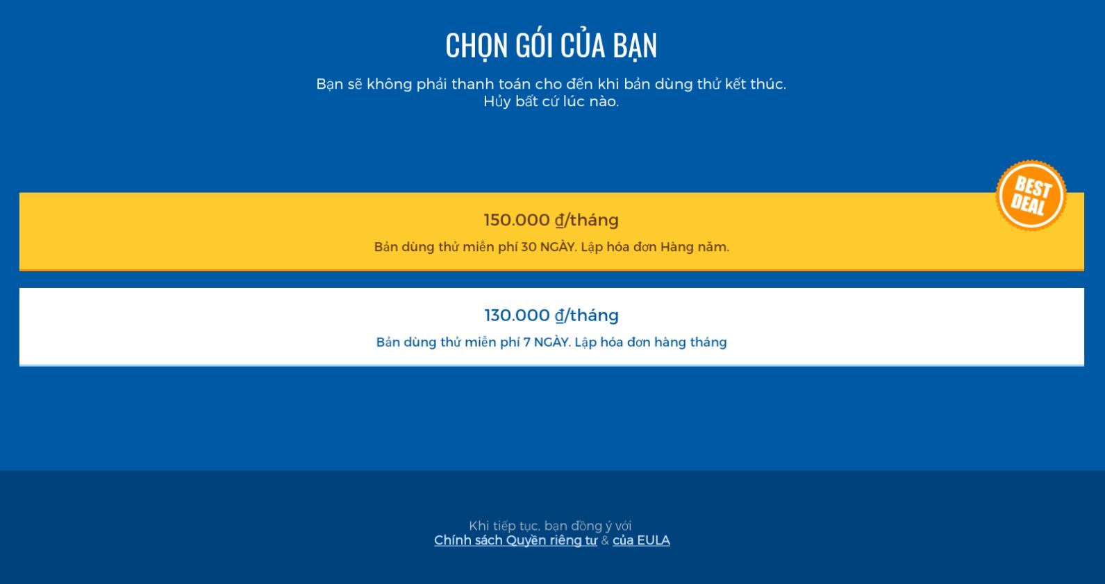 Chọn gói dùng thử HMA VPN