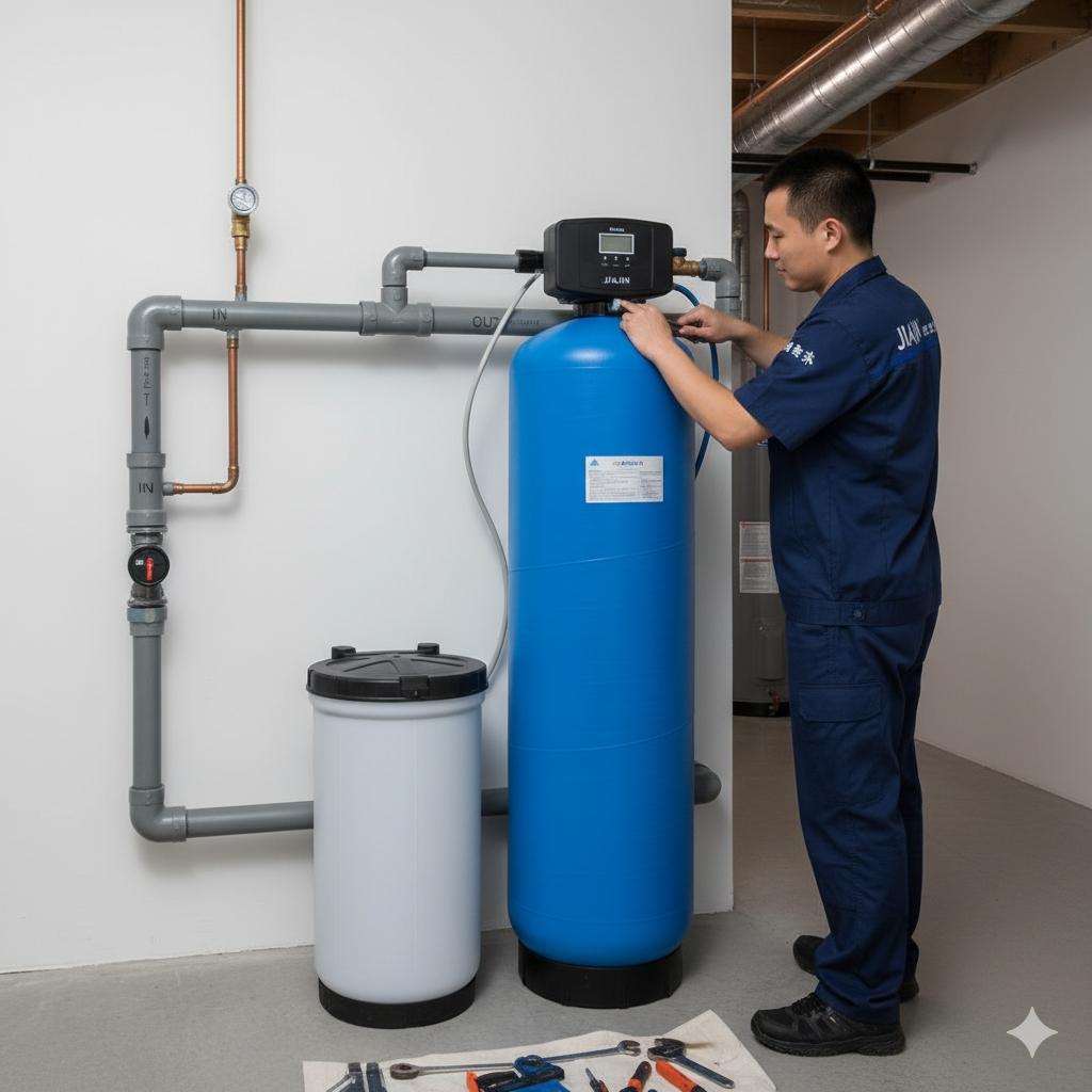 佳津淨水專業技師正在為客戶安裝一體式全戶軟水機