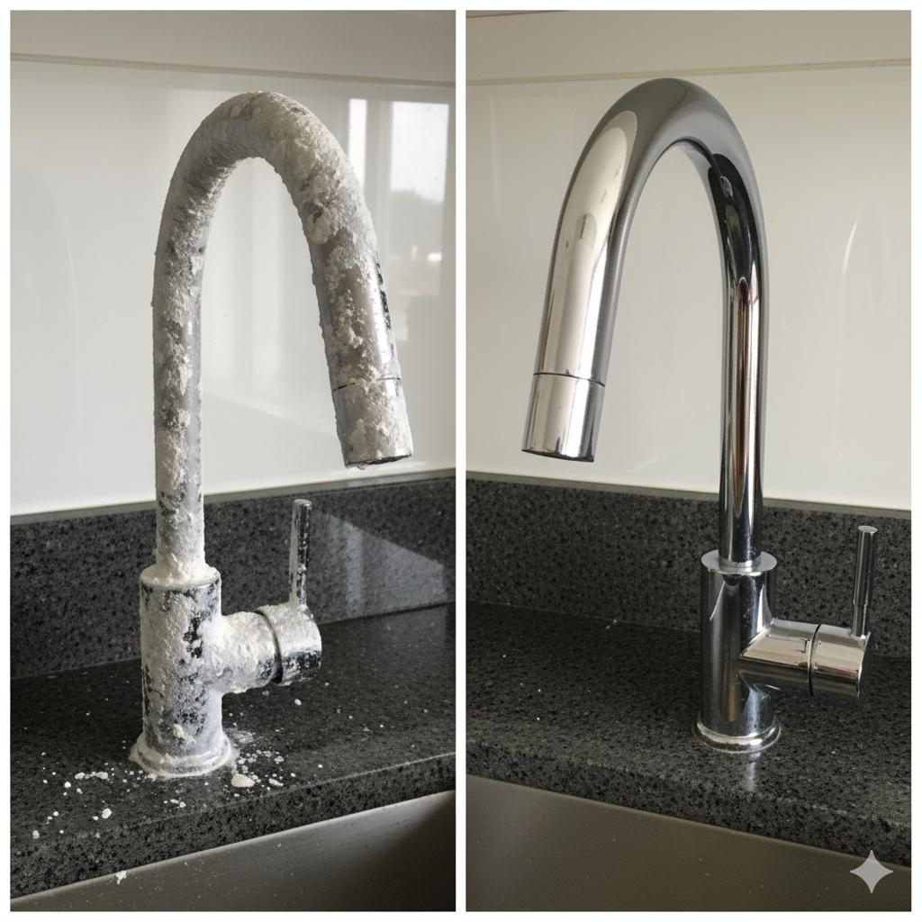 佈滿白色水垢的水龍頭與使用軟水後光亮如新的對比