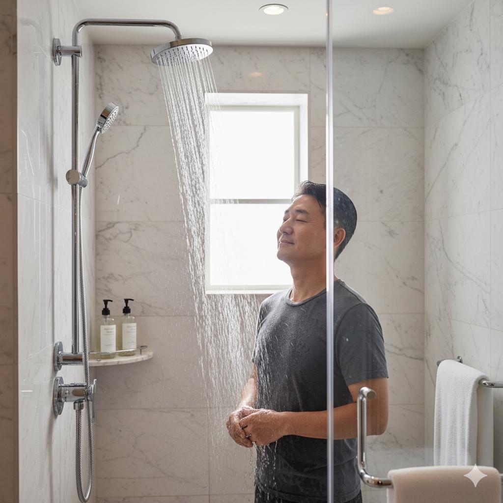 一位旅客在飯店浴室享受淋浴,蓮蓬頭正在灑出清澈的水,浴室環境整潔,暗示軟水帶來的舒適沐浴體驗。