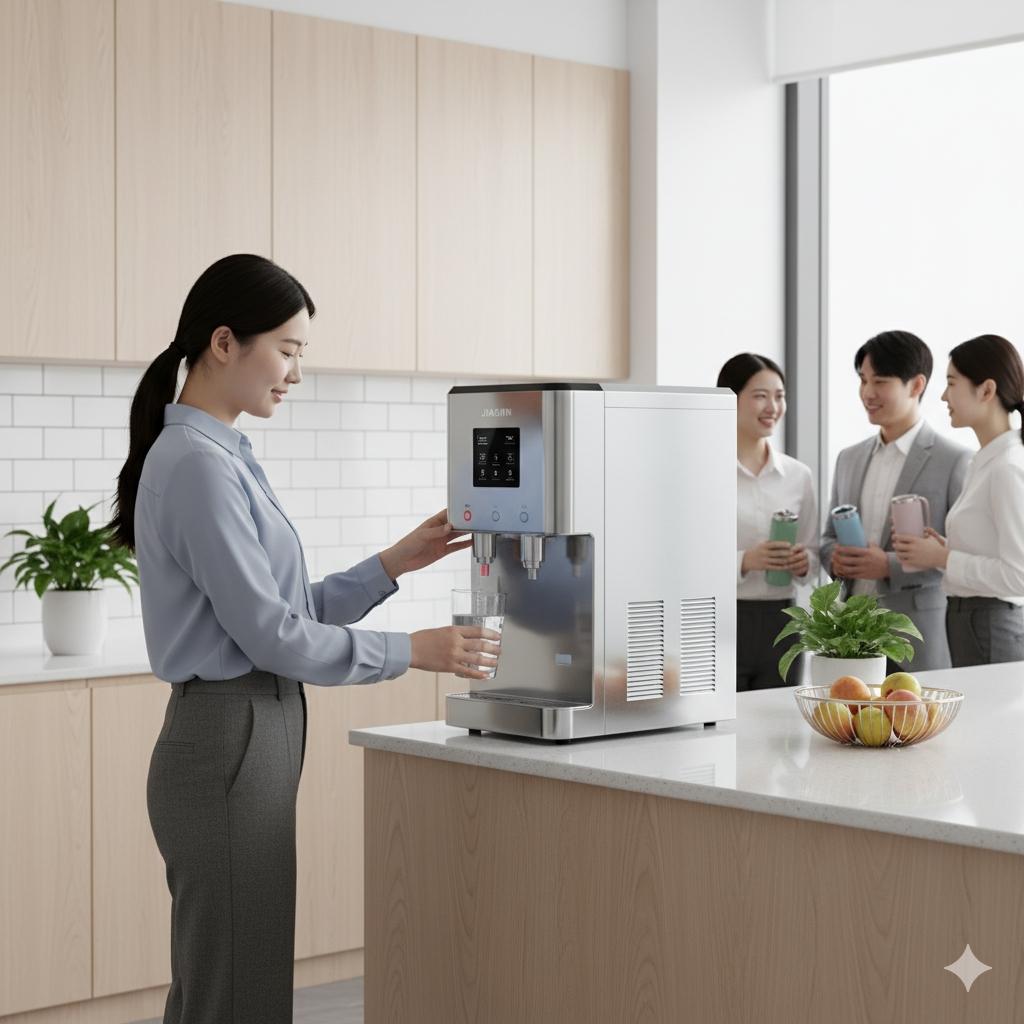 員工正在使用佳津商用飲水機取水,辦公室茶水間環境整潔明亮,展現專業企業形象。