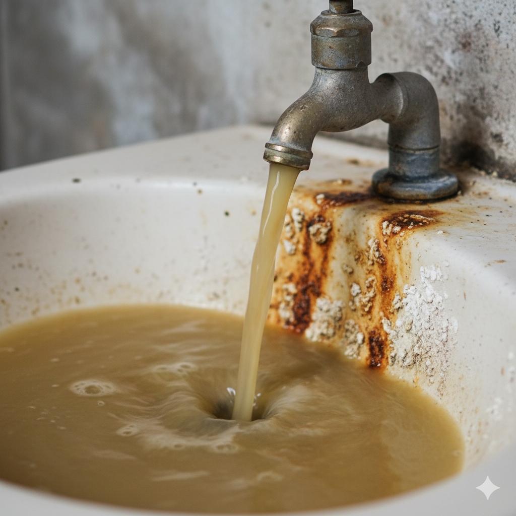 地下水混濁呈現黃褐色,水龍頭周圍有明顯鏽斑和水垢堆積,示意地下水質問題。
