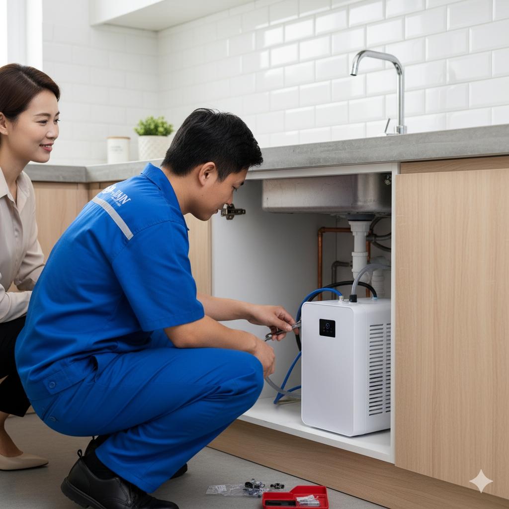 佳津淨水專業技師正在客戶家中廚櫃下安裝廚下型冰溫熱飲水機主機。