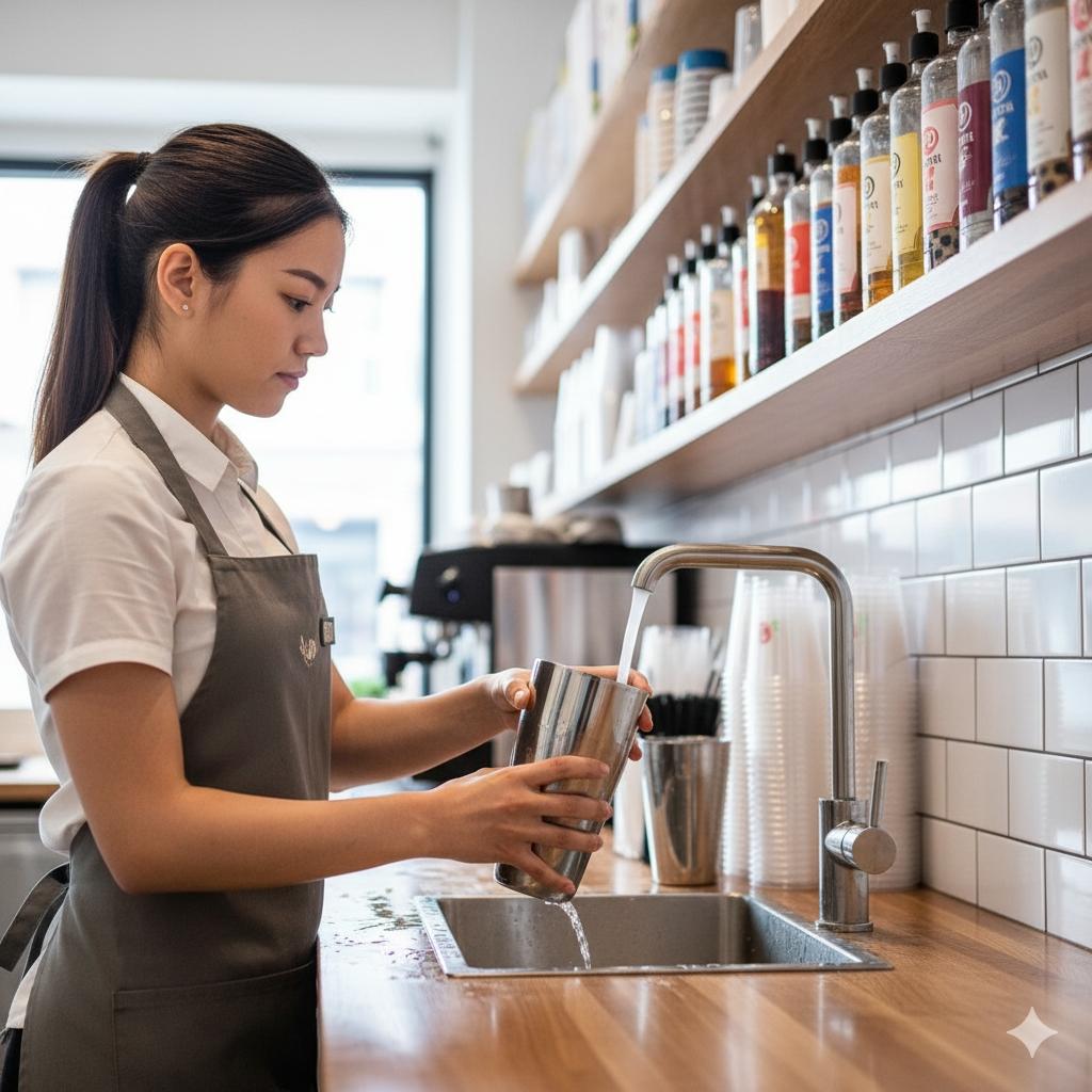 手搖飲店員正從連接商用淨水系統的不鏽鋼龍頭快速取水,提升工作效率。