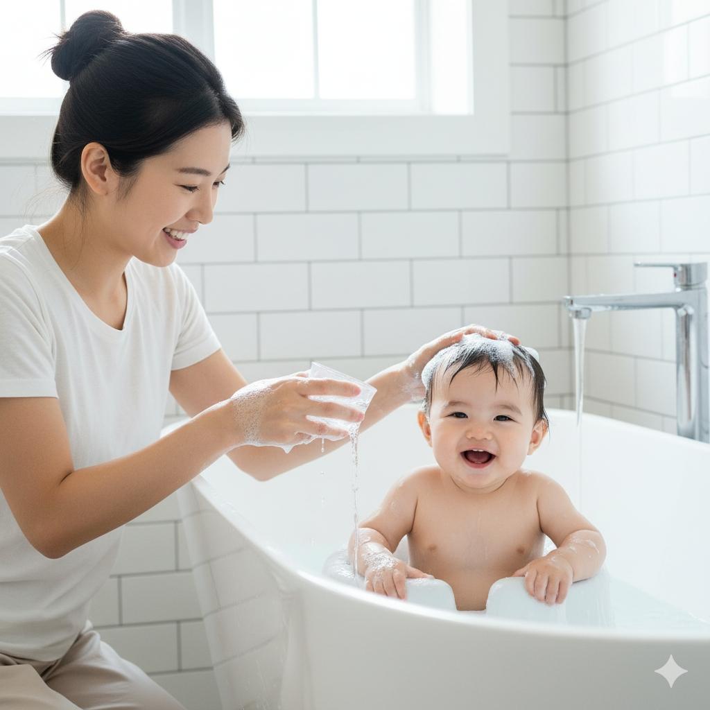 一位母親正用純淨的軟水為她的寶寶洗澡,寶寶在澡盆中快樂地玩水。