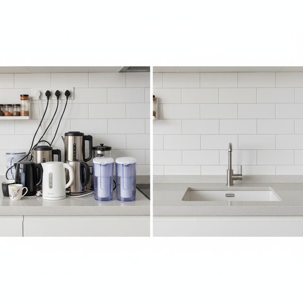 對比圖,左邊是擺滿熱水瓶和濾水壺的雜亂廚房檯面,右邊是只安裝了廚下飲水機龍頭的整潔檯面。