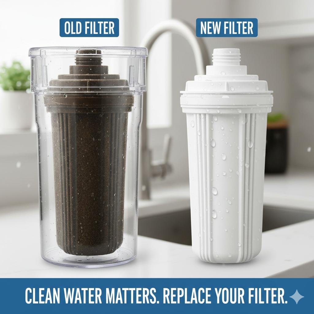 顯示淨水器內部舊濾心與新濾心對比,強調濾心更換的重要性