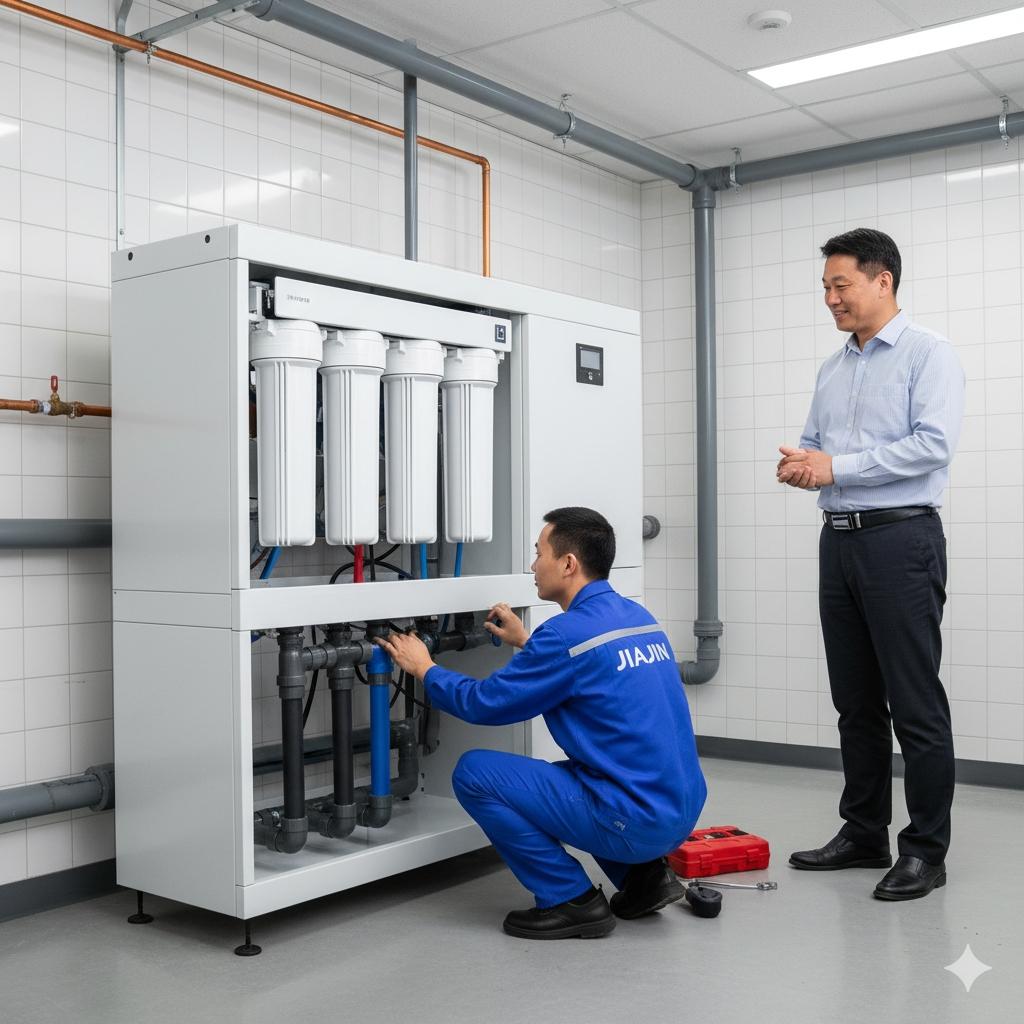 佳津淨水專業技師正在為企業客戶安裝大流量商用RO淨水主機。