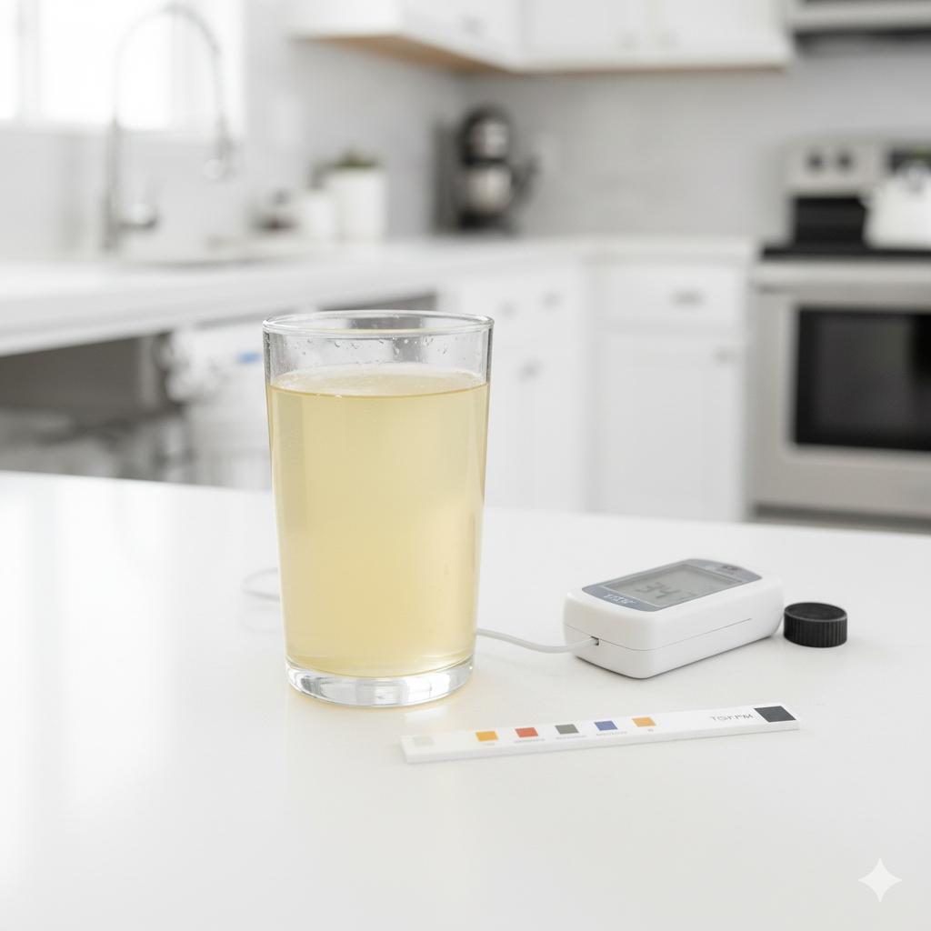 一個裝滿水的透明玻璃杯,水呈現輕微的黃色混濁,旁邊放著一支試紙和一個檢測儀器,暗示正在進行水質檢測。