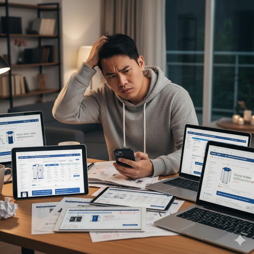 一位消費者正困惑地比較不同軟水機的規格與價格