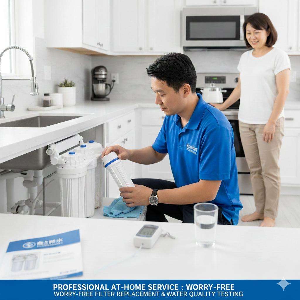 佳津淨水專業技師到府進行淨水器濾心更換與水質檢測的服務場景