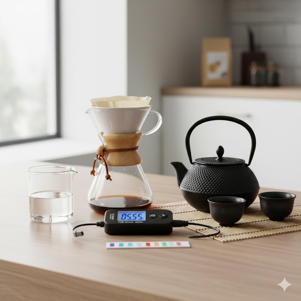 手沖咖啡壺與茶具旁擺放著水質檢測儀器,暗示水質在咖啡和茶飲中的關鍵作用