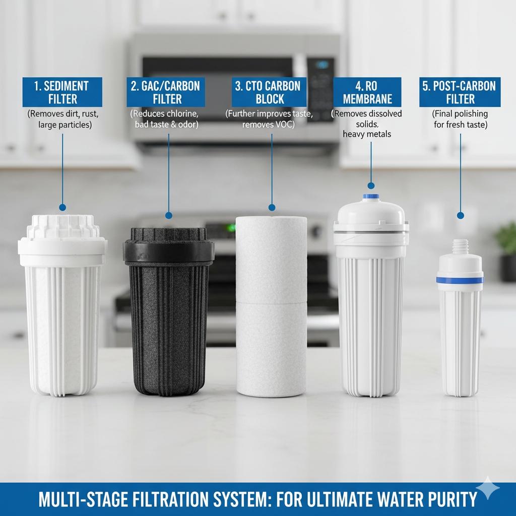 多種不同功能的淨水器濾心一字排開,標示其功能與順序