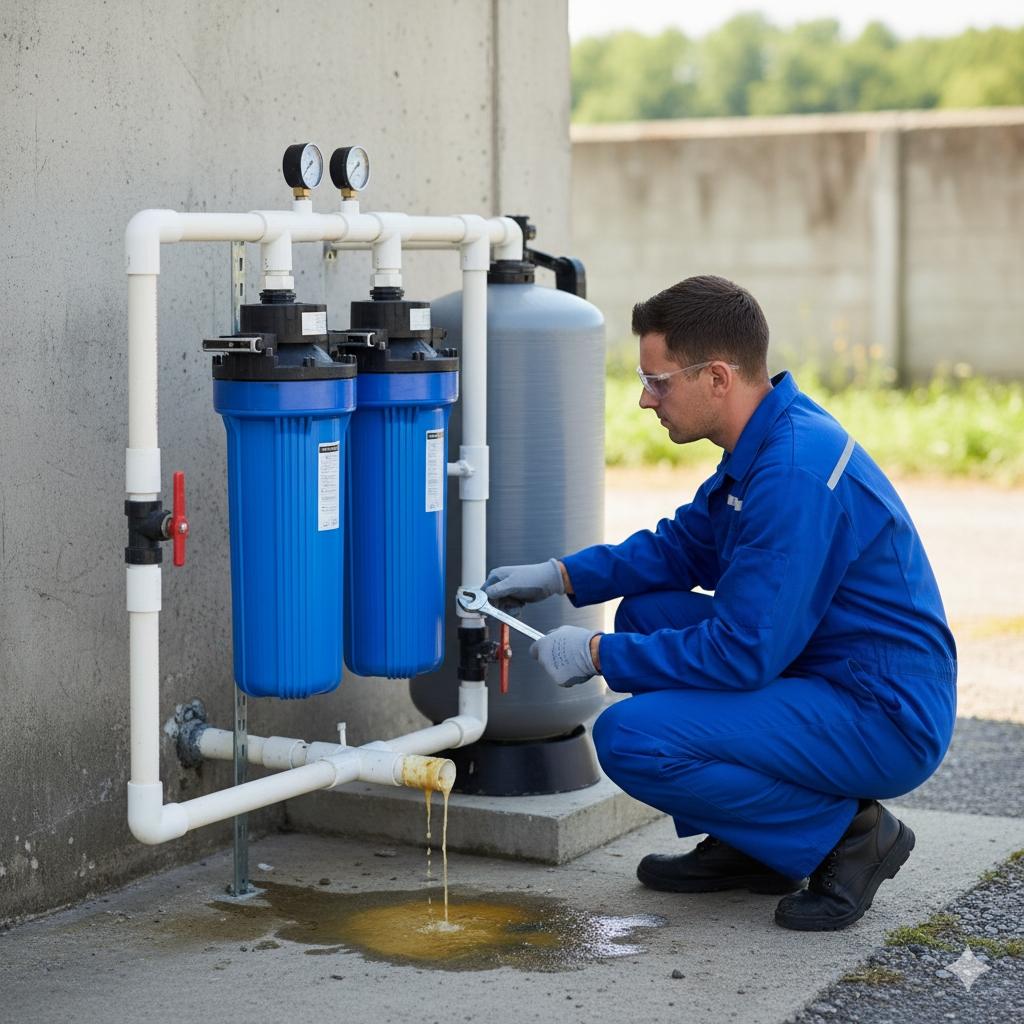 一位穿著工作服的技術人員正在檢查戶外安裝的地下水前置過濾設備,可能包含大胖過濾器和除鐵錳系統。