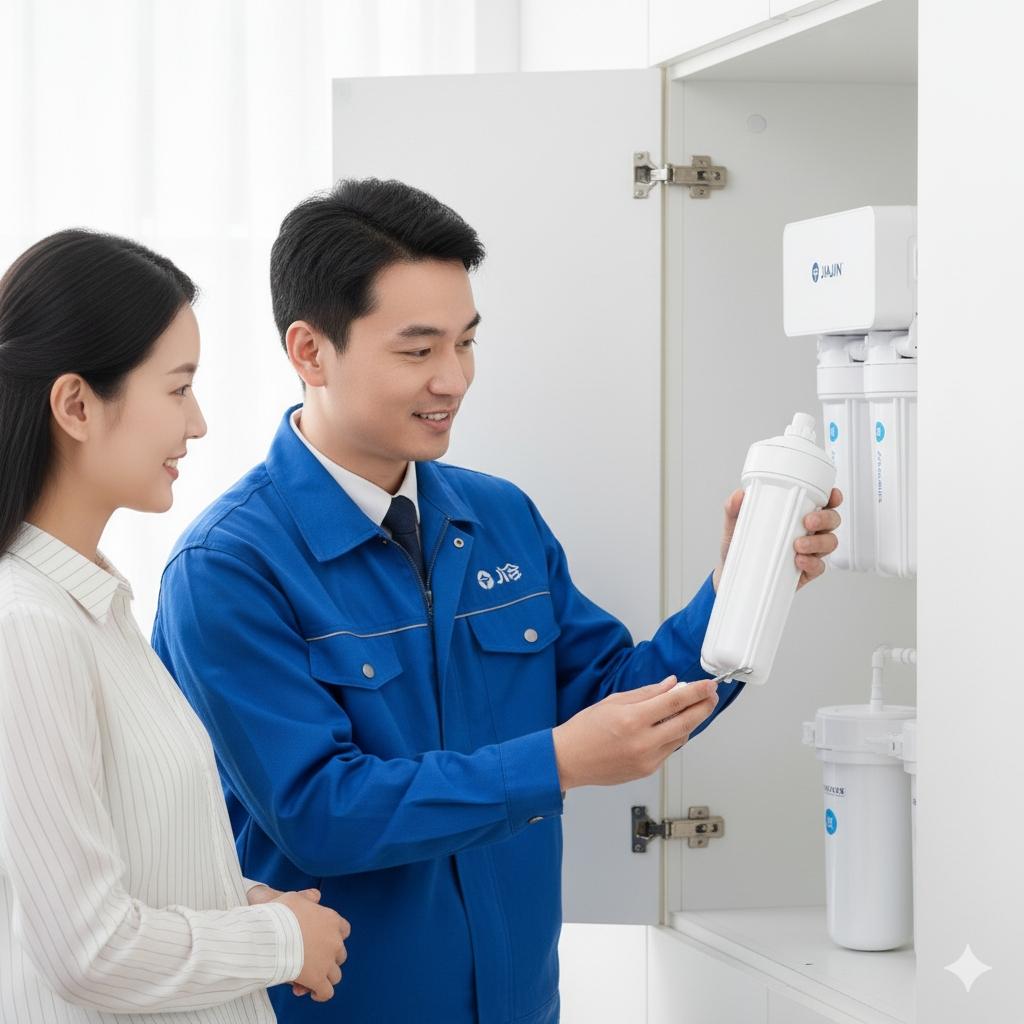 佳津淨水專業技師穿著制服,親切地為客戶更換RO純水機濾心