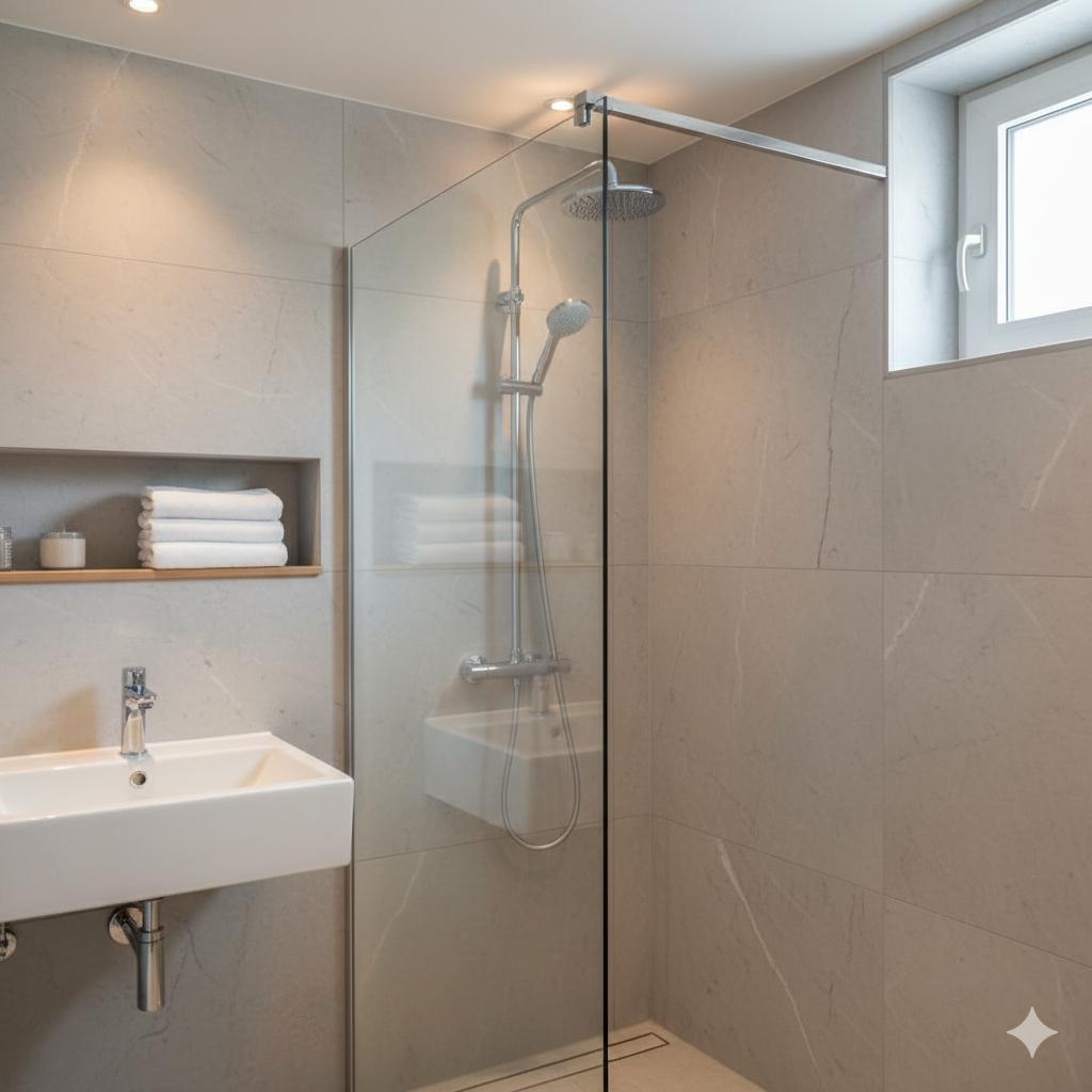 一家精品民宿的浴室,裝潢現代簡潔,水龍頭和淋浴設備閃閃發光,沒有水垢痕跡,牆邊的毛巾看起來蓬鬆柔軟。